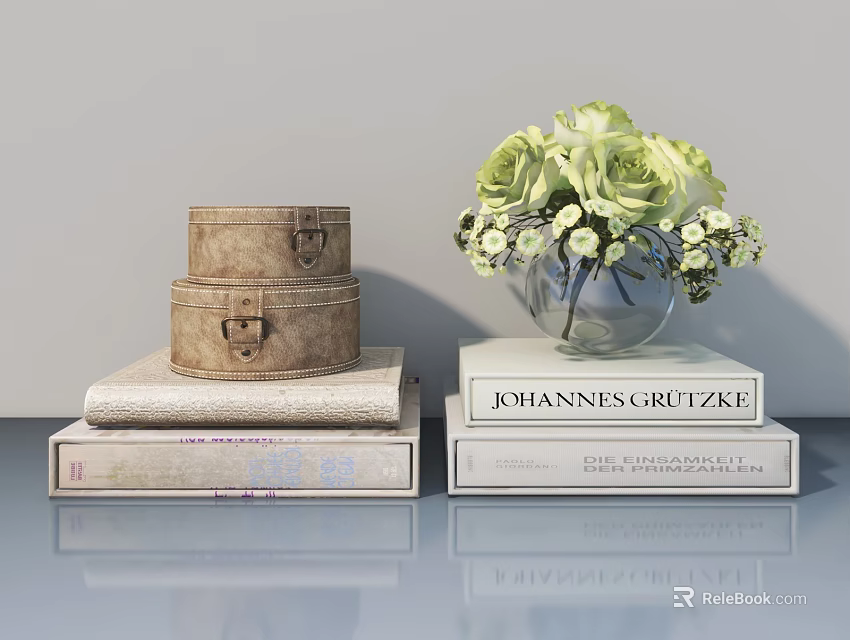 Modern Interior With Wooden Swing Door And Green Roses Vase On Stacked Books 3d model 