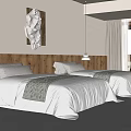 Hotel Guest Room With Two Beds Wooden Headboard Decorative Painting Pendant Light And Gray Curtains