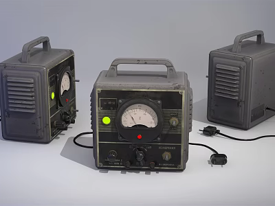Three Vintage Industrial Equipment Units With Handles Dials Indicator Lights And Connected Cables 3d model