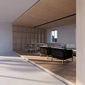 Casual Lounge Area With Wooden Bookshelves Long Table Chairs Sofa Windows And Wooden Flooring
