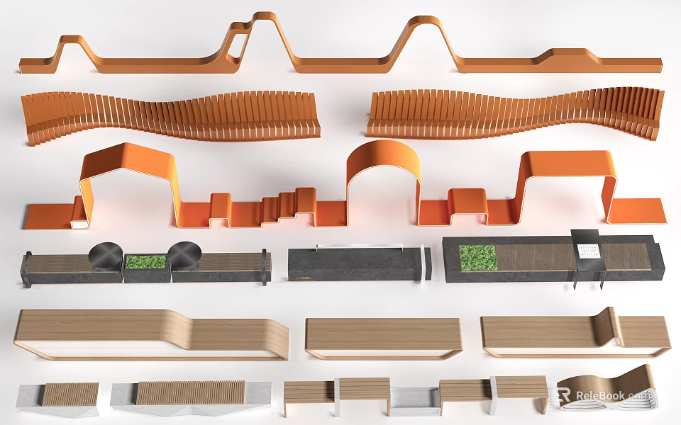 Modern Landscape Seating Designs With Curved And Geometric Wooden Structures For Outdoor Spaces 3d model 