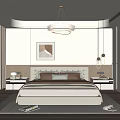 Modern Minimalist Bedroom Interior With Large Bed Chandelier And Decorative Painting