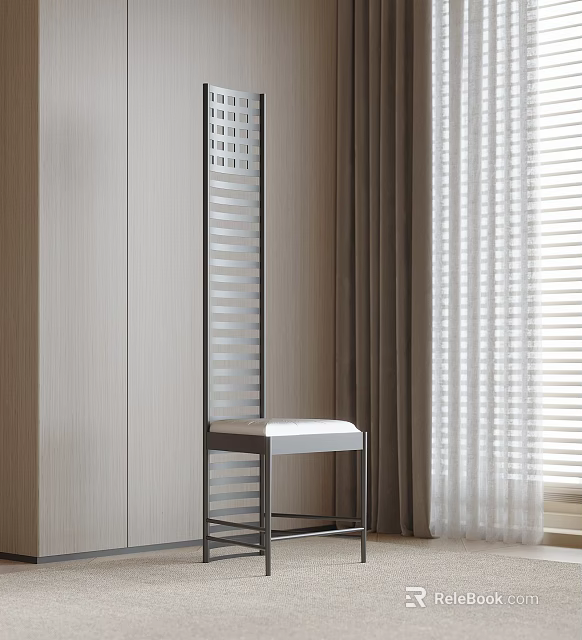 Modern Style Dining Chair With Metal Frame And White Cushion Near Cabinet And Curtains 3d model 