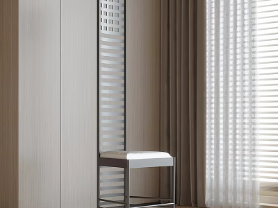 Modern Style Dining Chair With Metal Frame And White Cushion Near Cabinet And Curtains 3d model