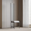 Modern Style Dining Chair With Metal Frame And White Cushion Near Cabinet And Curtains