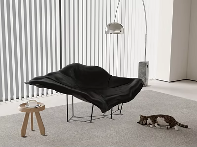 Modern Black Chaise Lounge With Small Wooden Stool Cat On Rug And Floor Lamp 3d model