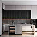 Modern Kitchen Interior With Gray Cabinets Island Counter Black Vertical Striped Backsplash And Appliances