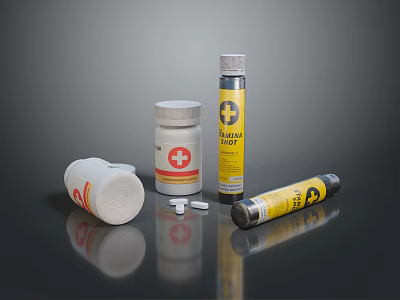 Essential Medical Supplies Including White Pill Bottle Yellow Sterile Ointment Tube And Tablets 3d model
