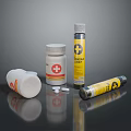 Essential Medical Supplies Including White Pill Bottle Yellow Sterile Ointment Tube And Tablets