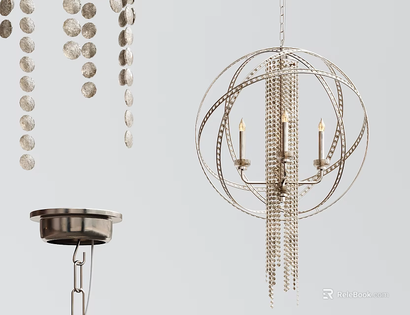 Modern Metal Chandelier With Circular Frames And Hanging Chain Decor For Home Lighting Design 3d model 