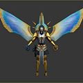 Golden Armored Mythical Warrior With Glowing Blue Wings And Staff