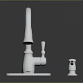 Metal Kitchen Faucet With Main Spout And Side Handle On Black Surface With Reflection