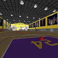 Modern Basketball Gym Interior With Yellow Purple Flooring Wall Posters Basketball Hoops And Ceiling Lighting