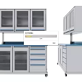 White Storage Cabinet with Glass Doors Drawers and Blue Countertop on Wheels