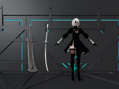 White Haired Game Character In Black Outfit With Two Swords Gray Structure Blue Neon Lines 3d model