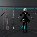 White Haired Game Character In Black Outfit With Two Swords Gray Structure Blue Neon Lines