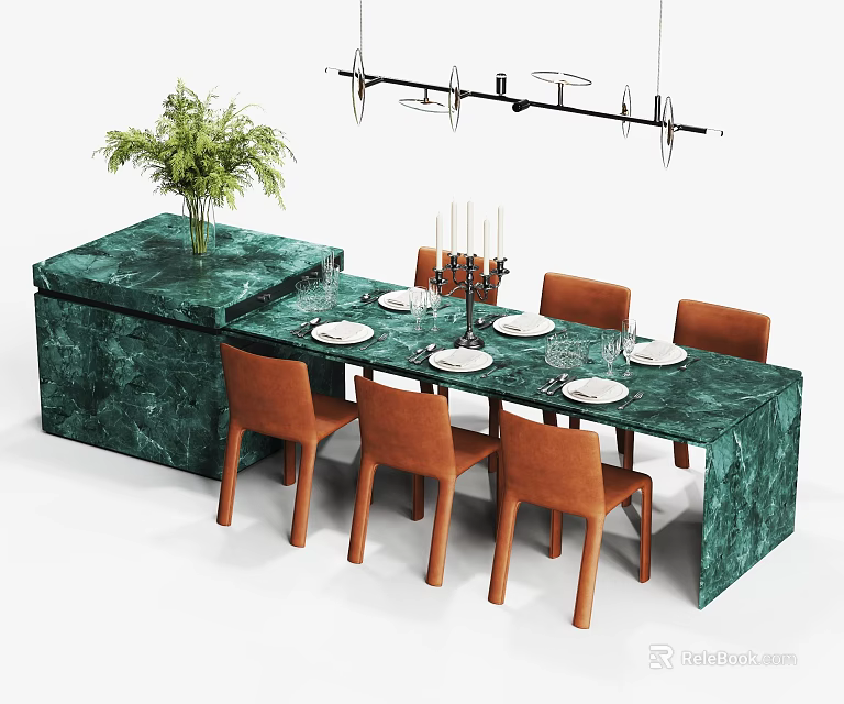 Elegant Green Marble Island With Dining Table Chairs And Tableware Under Hanging Light 3d model 