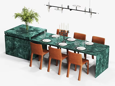 Elegant Green Marble Island With Dining Table Chairs And Tableware Under Hanging Light 3d model
