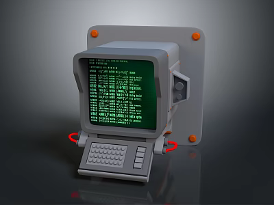 Other Vintage Terminal With Green Text Display Small Integrated Keyboard Gray Body Orange Mounting Points 3d model
