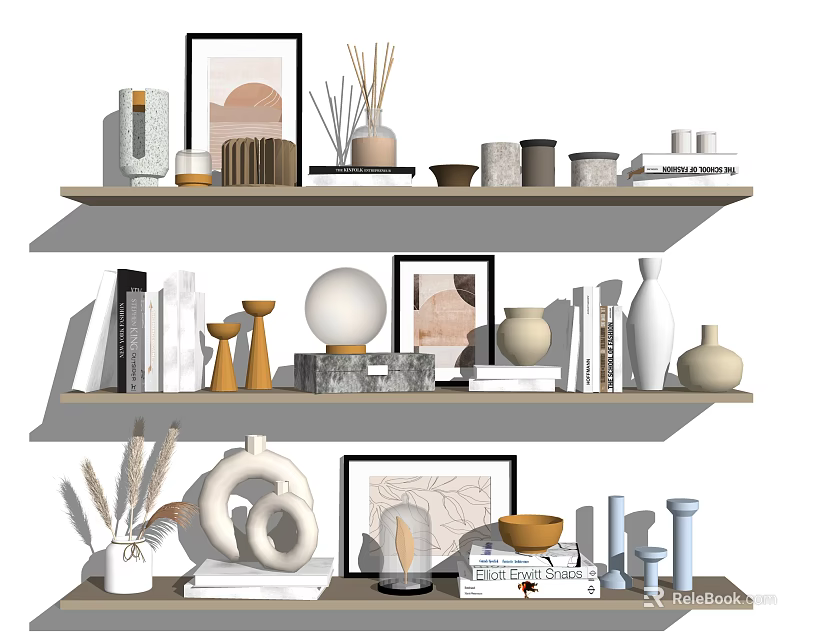 Modern Decorative Ornament Set With Vases Frames Sculptures Books On Wooden Shelves 3d model 