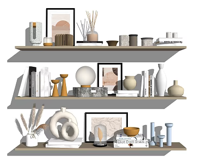 Modern Decorative Ornament Set With Vases Frames Sculptures Books On Wooden Shelves 3d model