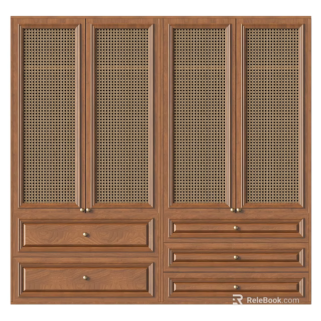 Wooden Wardrobe with Mesh Panel Doors and Drawers for Bedroom Storage 3d model 