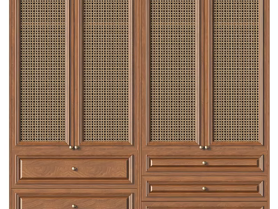 Wooden Wardrobe with Mesh Panel Doors and Drawers for Bedroom Storage 3d model