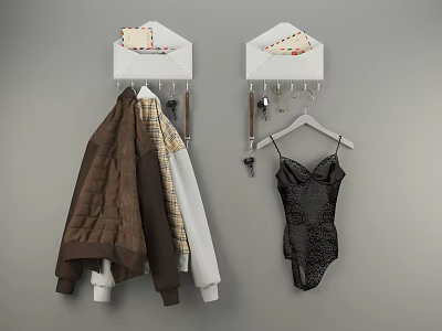 Clothes Hanging On Wall Mounted Coat Racks With Brown Coats And Black Bodysuit 3d model