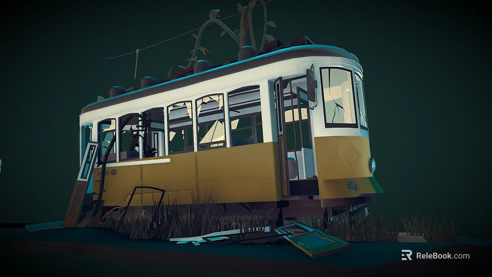 Abandoned Yellow And White Tram With Broken Windows And Weeds Around 3d model 