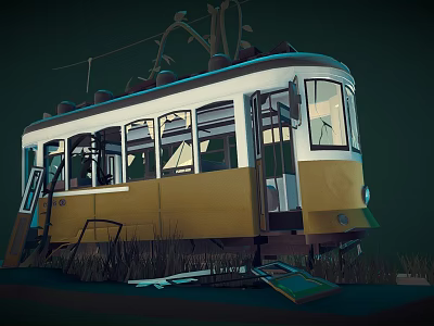 Abandoned Yellow And White Tram With Broken Windows And Weeds Around 3d model
