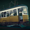 Abandoned Yellow And White Tram With Broken Windows And Weeds Around