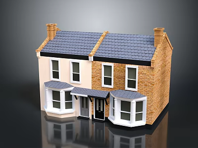 Traditional Semi Detached House With Grey Tiled Roof Two Chimneys White Windows And Dark Door 3d model