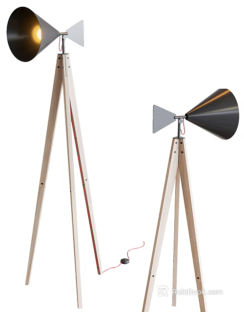 Pair of Modern Wooden Tripod Floor Lamps With Angular Metal Shade 3d model 