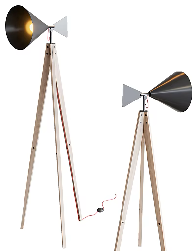 Pair of Modern Wooden Tripod Floor Lamps With Angular Metal Shade 3d model