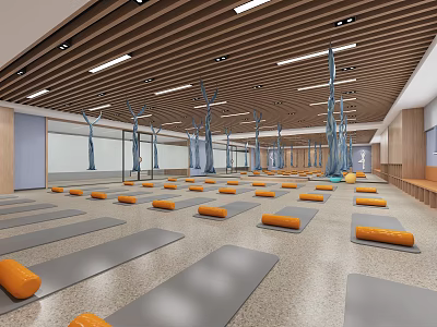 Spacious Yoga Studio Interior With Mats And Bolsters 3d model