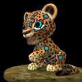 Cheetah Cub Doll with Colorful Patterns Big Blue Eyes Sitting on Decorative Base