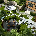 Garden Landscape Design With Stone Path Circular Seating Green Plants Lawn And Modern House