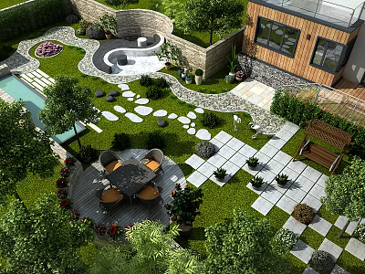 Garden Landscape Design With Stone Path Circular Seating Green Plants Lawn And Modern House 3d model