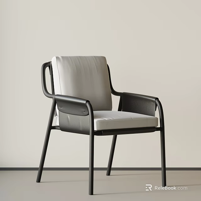 Modern Single Chair With Black Metal Frame And White Upholstered Cushion 3d model 