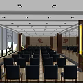 Spacious Conference Room With Blue Chairs Wooden Decor Large Windows And Ceiling Lights