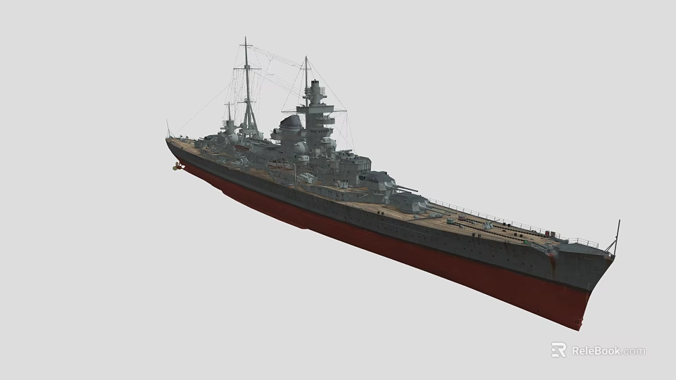 Detailed Military Battleship With Turrets Mast And Red Hull Structure 3d model 