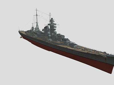 Detailed Military Battleship With Turrets Mast And Red Hull Structure 3d model