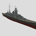 Detailed Military Battleship With Turrets Mast And Red Hull Structure