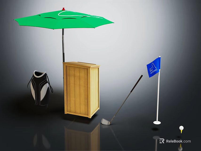 Practical Daily Life Supplies Featuring Green Umbrella Wooden Box Penguin Doll Golf Gear And Accessories 3d model 