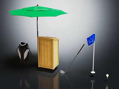 Practical Daily Life Supplies Featuring Green Umbrella Wooden Box Penguin Doll Golf Gear And Accessories 3d model