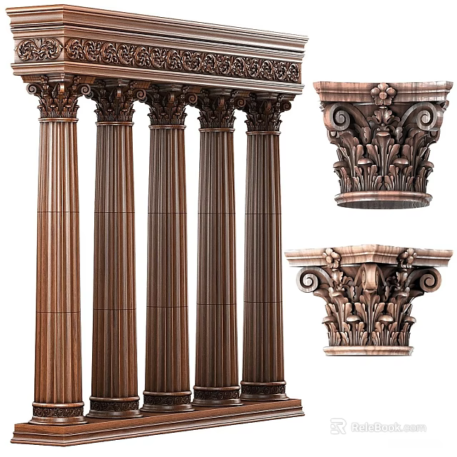 Ornate Wooden Roman Columns With Intricate Carved Capitals And Classical Details 3d model 