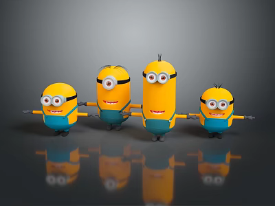 Minion dolls with yellow bodies blue overalls big eyes arms outstretched on black reflective background 3d model