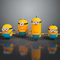 Minion dolls with yellow bodies blue overalls big eyes arms outstretched on black reflective background