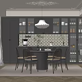 Modern Restaurant Interior Design With Gray Cabinets Dining Table Chairs Pendant Light And Patterned Wall 3d model