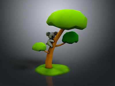 Cute Koala Game Character Climbing On Tree With Green Canopy Orange Trunk And Grass Base 3d model